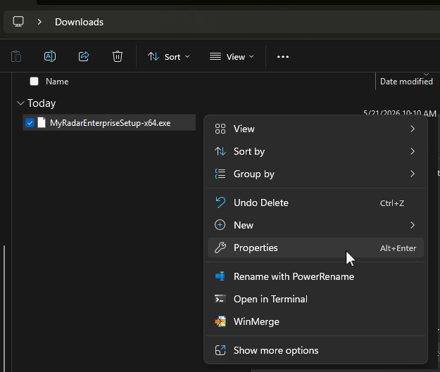 Right-click the file and select Properties