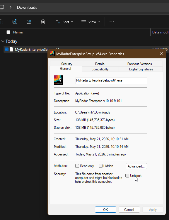 Locate the Unblock checkbox on the General tab of Properties