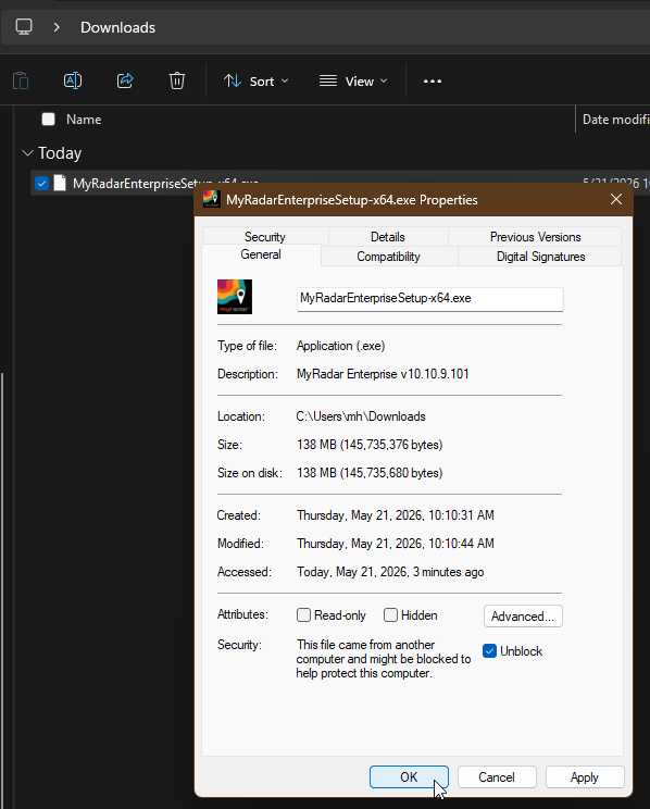 Check the Unblock checkbox and click OK