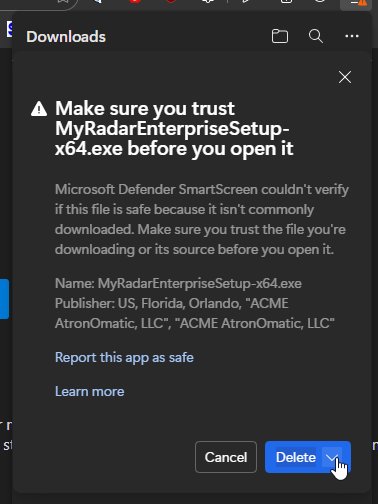 Microsoft Defender SmartScreen warning — click the down arrow on the Delete button